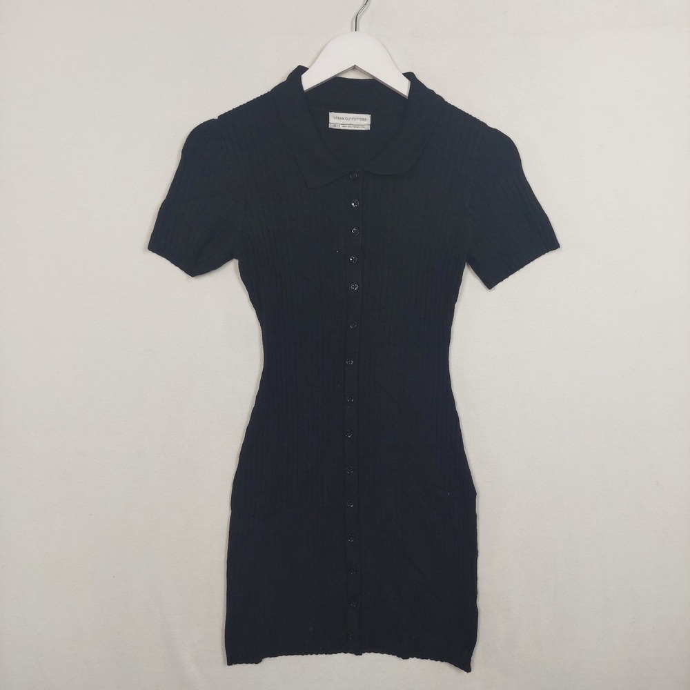Urban Outfitters Black Ribbed Button Front Polo Mini Dress XS OB1333020